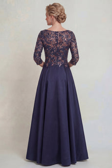 Sparkly Navy Scoop Neck A Line Long Evening Dress with Lace