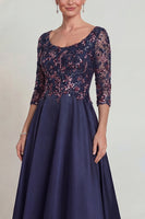 Load image into Gallery viewer, Sparkly Navy Scoop Neck A Line Long Evening Dress with Lace