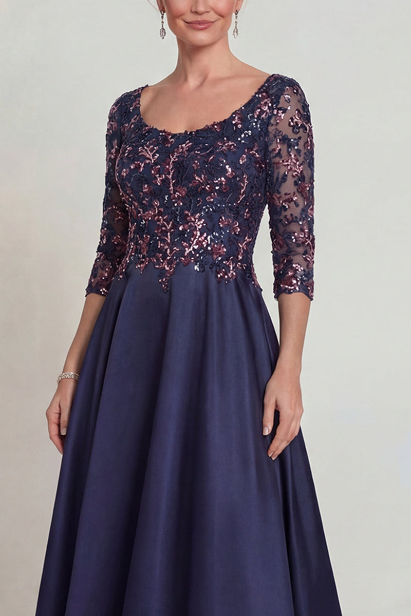 Load image into Gallery viewer, Sparkly Navy Scoop Neck A Line Long Evening Dress with Lace