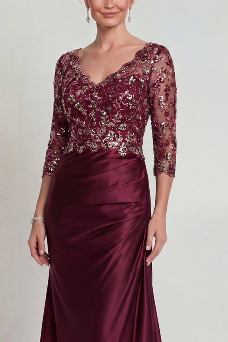 Load image into Gallery viewer, Sparkly Burgundy Floral Mermaid V Neck Long Evening Dress