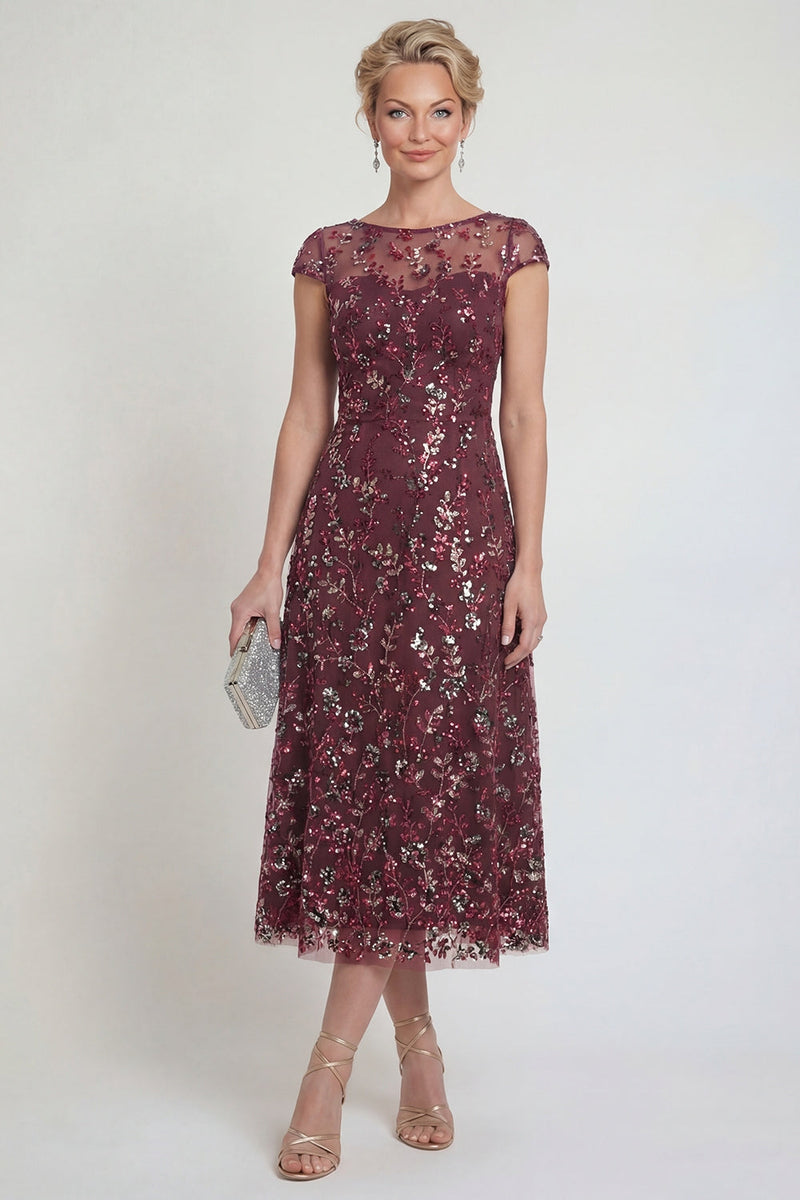 Load image into Gallery viewer, Sparkly Burgundy A Line Boat Neck Floral Midi Formal Dress