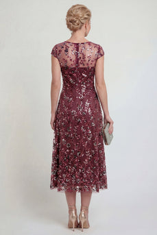 Sparkly Burgundy A Line Boat Neck Floral Midi Formal Dress