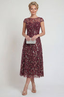 Load image into Gallery viewer, Sparkly Burgundy A Line Boat Neck Floral Midi Formal Dress