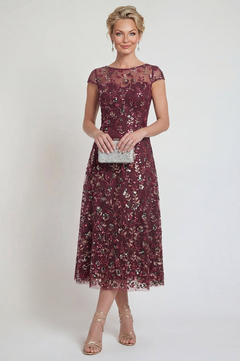 Load image into Gallery viewer, Sparkly Burgundy A Line Boat Neck Floral Midi Formal Dress