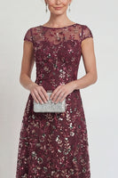 Load image into Gallery viewer, Sparkly Burgundy A Line Boat Neck Floral Midi Formal Dress