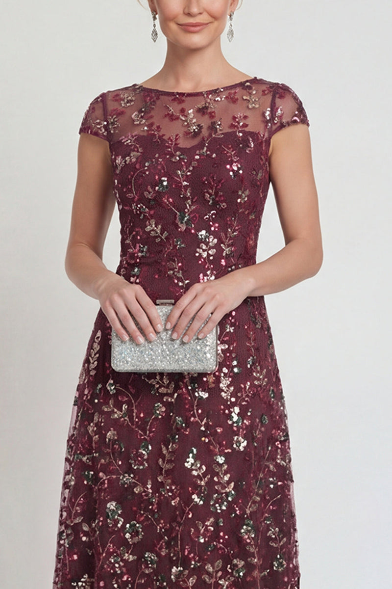 Load image into Gallery viewer, Sparkly Burgundy A Line Boat Neck Floral Midi Formal Dress