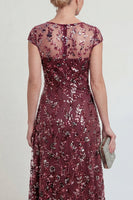 Load image into Gallery viewer, Sparkly Burgundy A Line Boat Neck Floral Midi Formal Dress