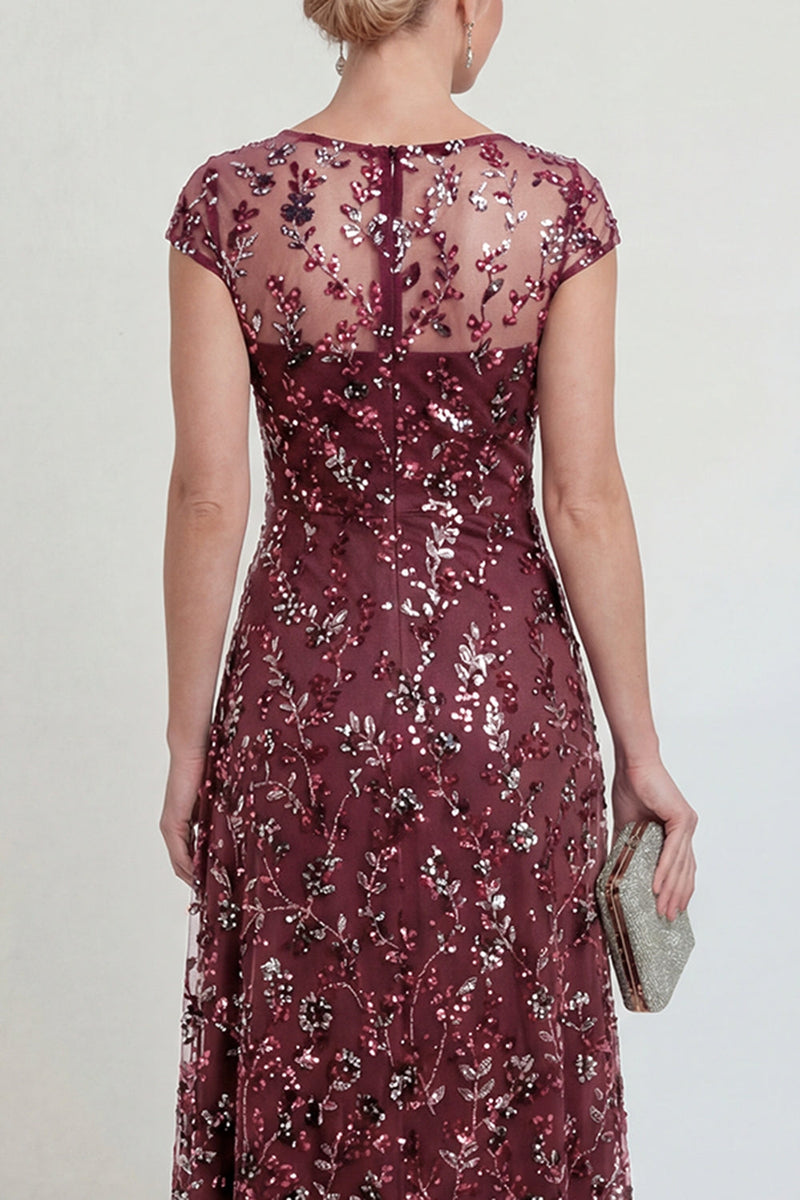 Load image into Gallery viewer, Sparkly Burgundy A Line Boat Neck Floral Midi Formal Dress