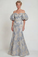Load image into Gallery viewer, Dusty Blue Mermaid Floral Off the Shoulder Long Evening Dress