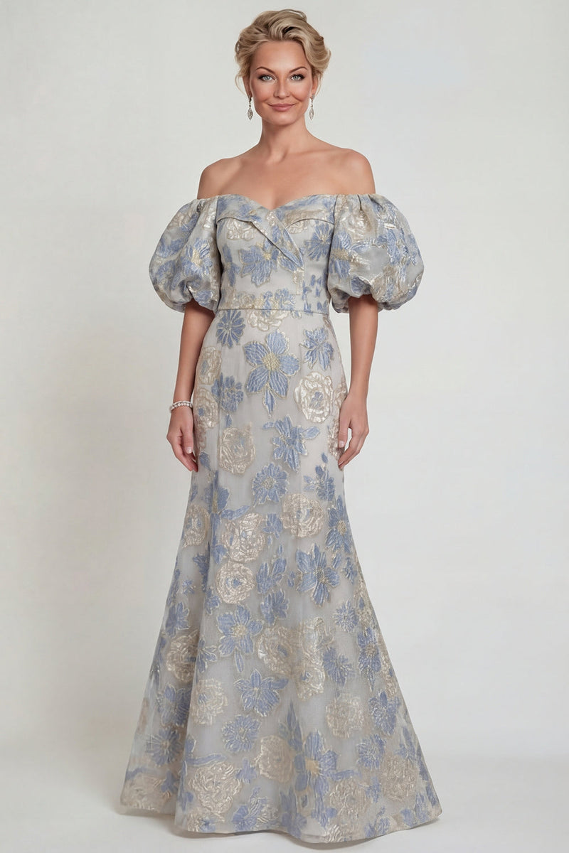 Load image into Gallery viewer, Dusty Blue Mermaid Floral Off the Shoulder Long Evening Dress