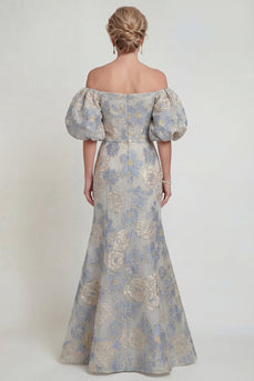 Dusty Blue Mermaid Floral Off the Shoulder Long Evening Dress
