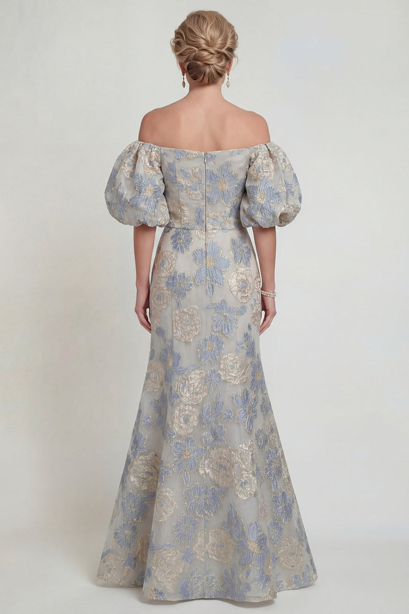 Load image into Gallery viewer, Dusty Blue Mermaid Floral Off the Shoulder Long Evening Dress