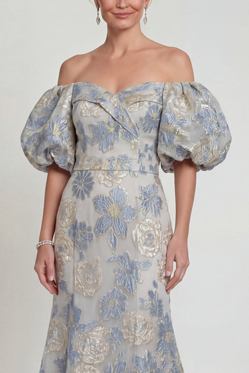 Load image into Gallery viewer, Dusty Blue Mermaid Floral Off the Shoulder Long Evening Dress