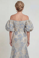 Load image into Gallery viewer, Dusty Blue Mermaid Floral Off the Shoulder Long Evening Dress