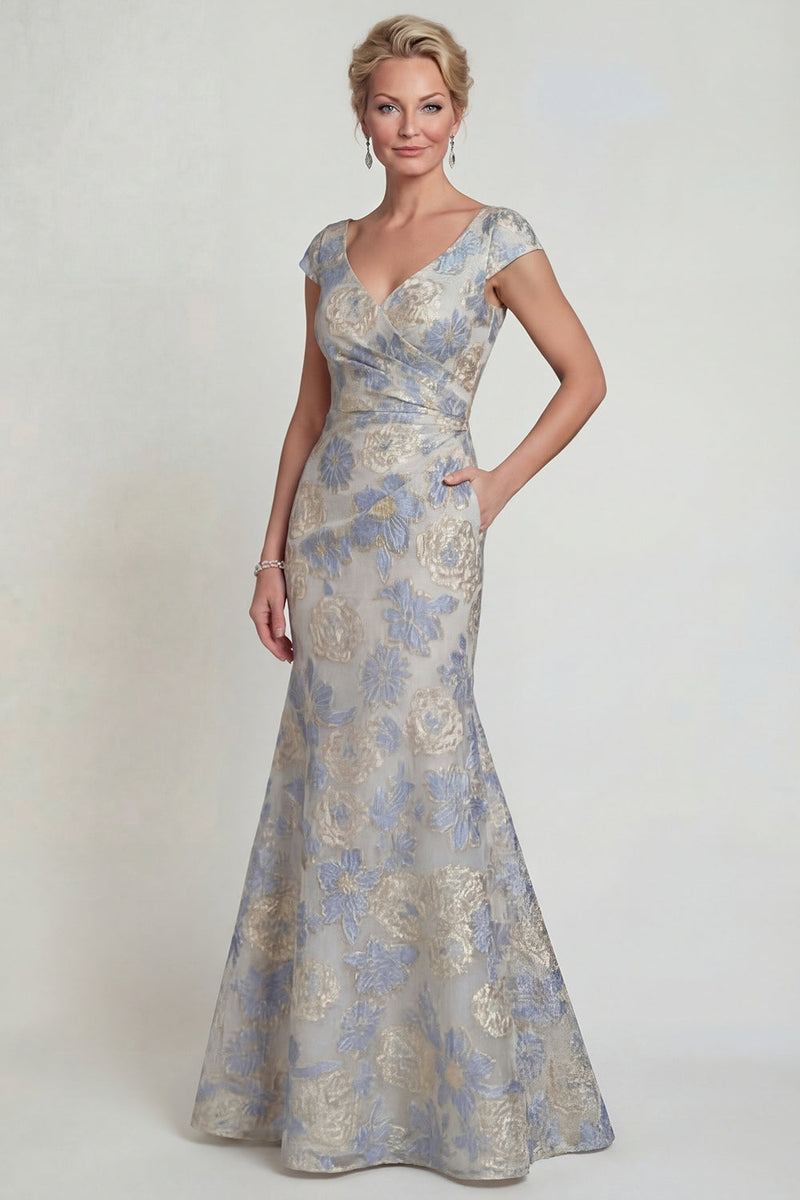 Load image into Gallery viewer, Dusty Blue Cap Sleeves Mermaid Long Floral Evening Dress