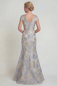 Dusty Blue Cap Sleeves Mermaid Long Floral Evening Dress