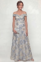 Load image into Gallery viewer, Floral Dusty Blue Off the Shoulder A Line Long Evening Dress