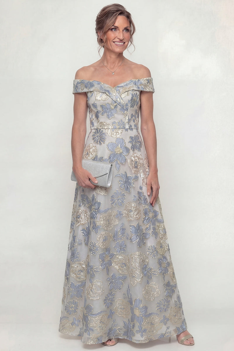 Load image into Gallery viewer, Floral Dusty Blue Off the Shoulder A Line Long Evening Dress