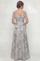 Load image into Gallery viewer, Floral Dusty Blue Off the Shoulder A Line Long Evening Dress