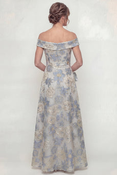 Floral Dusty Blue Off the Shoulder A Line Long Evening Dress