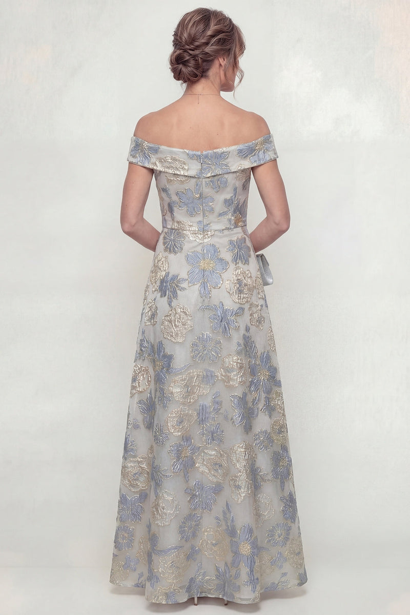 Load image into Gallery viewer, Floral Dusty Blue Off the Shoulder A Line Long Evening Dress