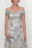 Load image into Gallery viewer, Floral Dusty Blue Off the Shoulder A Line Long Evening Dress