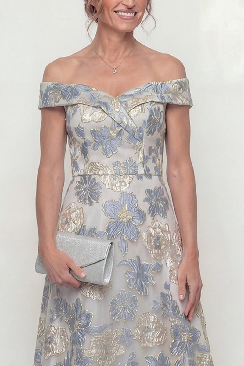 Load image into Gallery viewer, Floral Dusty Blue Off the Shoulder A Line Long Evening Dress