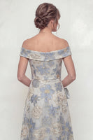 Load image into Gallery viewer, Floral Dusty Blue Off the Shoulder A Line Long Evening Dress