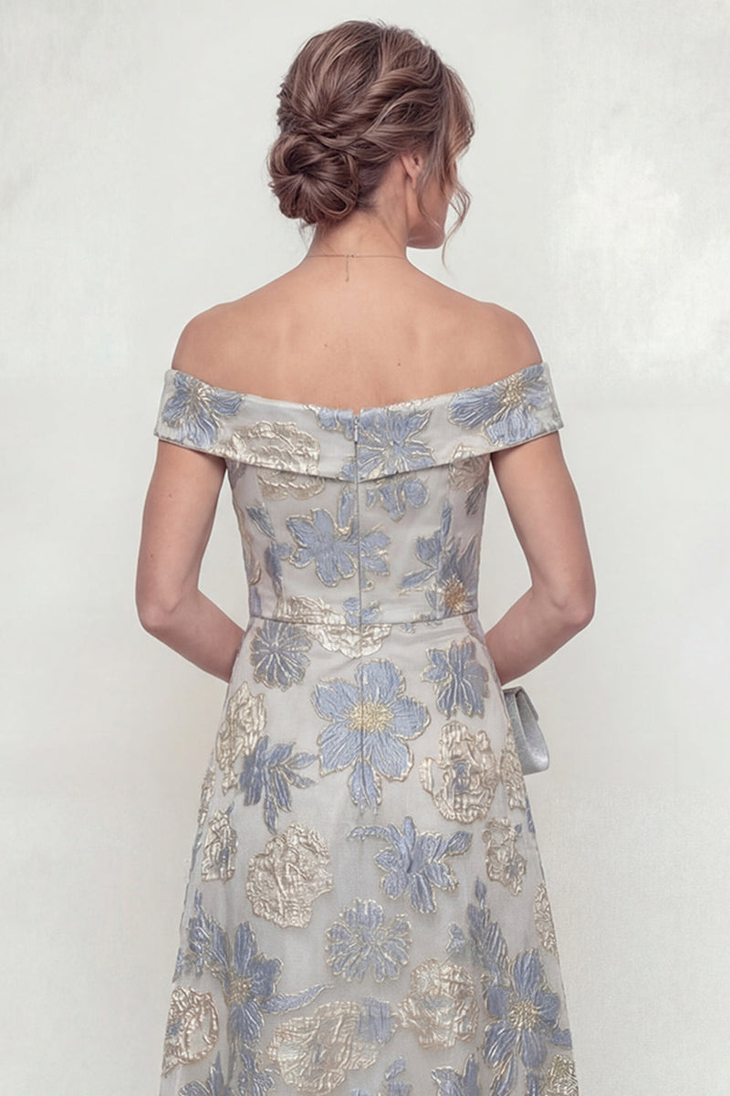 Load image into Gallery viewer, Floral Dusty Blue Off the Shoulder A Line Long Evening Dress