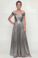 Load image into Gallery viewer, Grey Silver A Line Off the Shoulder Long Evening Dress