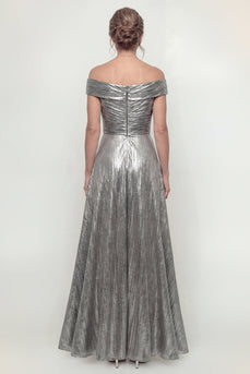 Grey Silver A Line Off the Shoulder Long Evening Dress