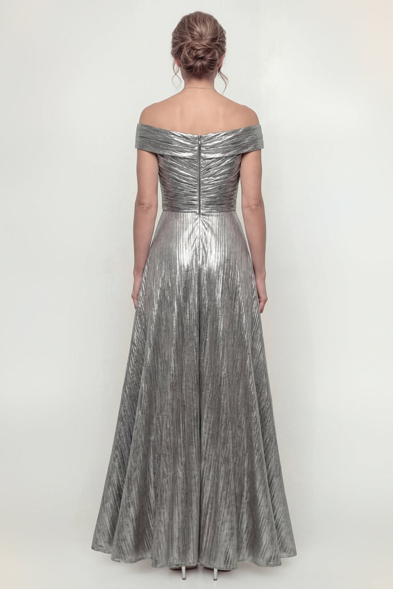 Load image into Gallery viewer, Grey Silver A Line Off the Shoulder Long Evening Dress