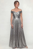 Load image into Gallery viewer, Grey Silver A Line Off the Shoulder Long Evening Dress