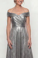 Load image into Gallery viewer, Grey Silver A Line Off the Shoulder Long Evening Dress