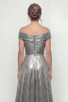 Load image into Gallery viewer, Grey Silver A Line Off the Shoulder Long Evening Dress