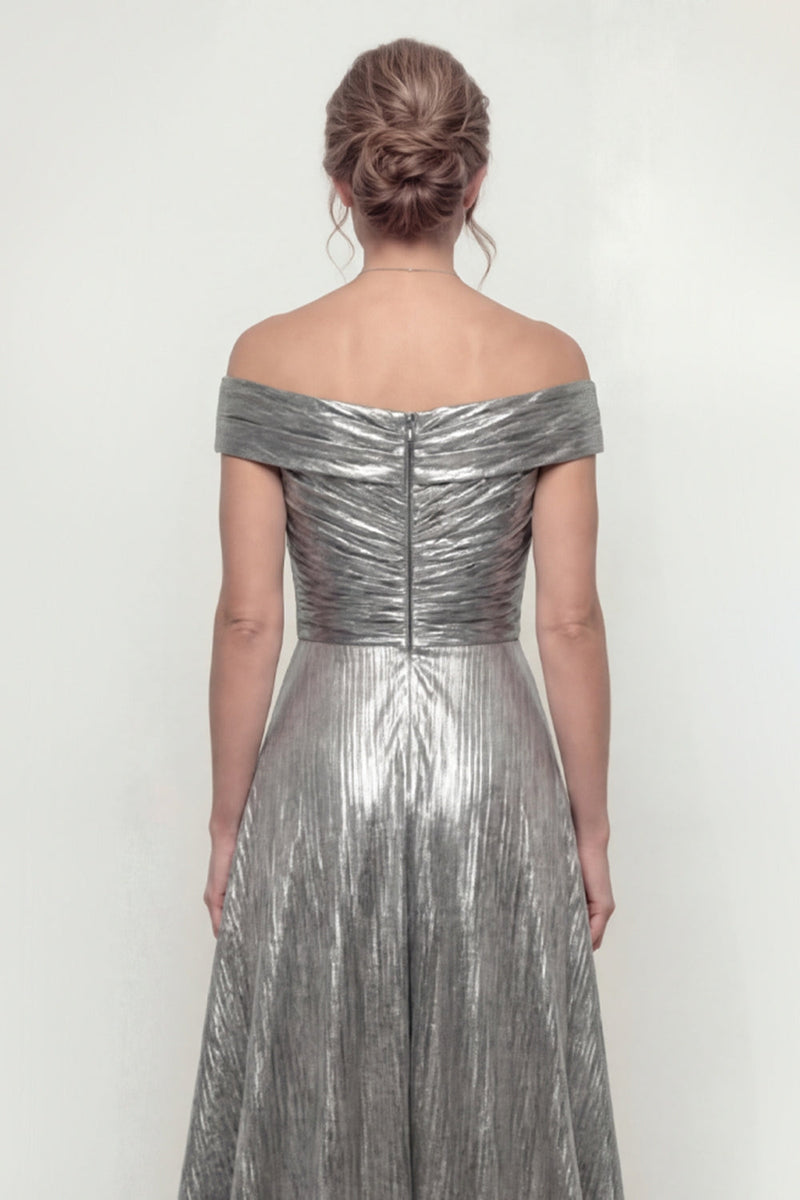 Load image into Gallery viewer, Grey Silver A Line Off the Shoulder Long Evening Dress
