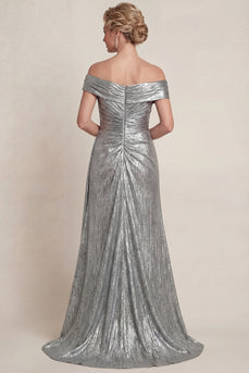 Grey Silver Mermaid Off the Shoulder Long Evening Dress