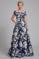 Load image into Gallery viewer, Navy Floral A Line Long Evening Dress with Pockets