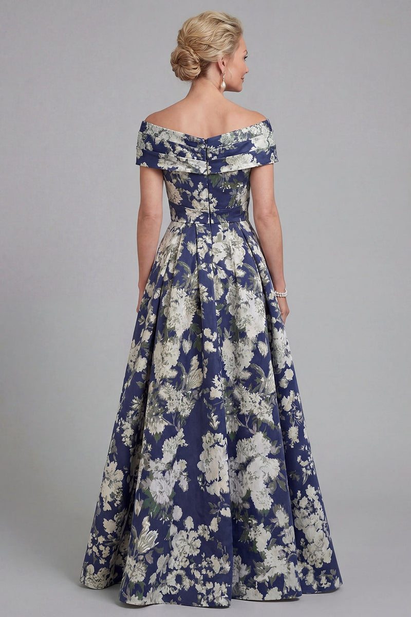 Load image into Gallery viewer, Navy Floral A Line Long Evening Dress with Pockets