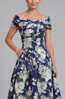 Load image into Gallery viewer, Navy Floral A Line Long Evening Dress with Pockets