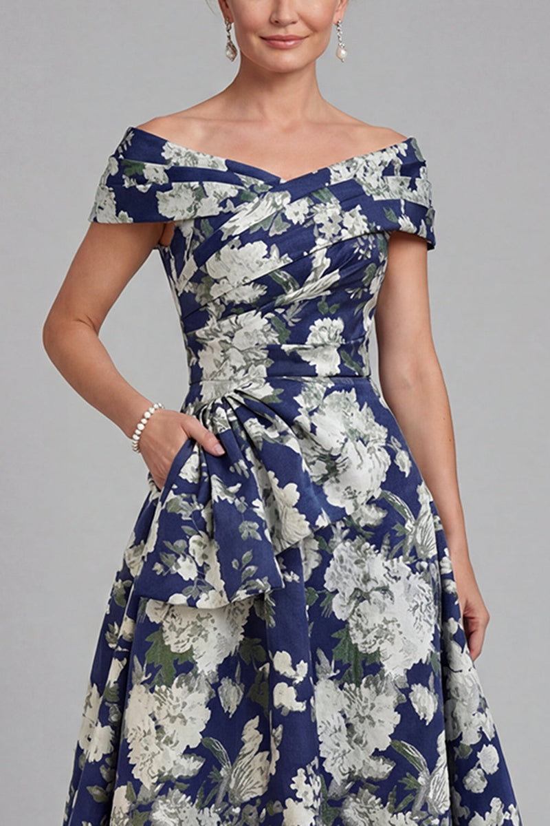 Load image into Gallery viewer, Navy Floral A Line Long Evening Dress with Pockets
