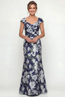 Load image into Gallery viewer, Navy Mermaid Floral Cap Sleeves Long Evening Dress