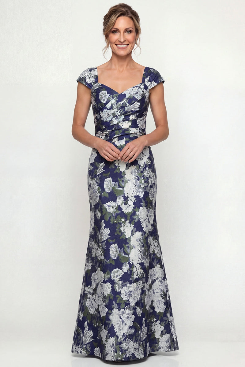 Load image into Gallery viewer, Navy Mermaid Floral Cap Sleeves Long Evening Dress