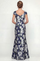 Load image into Gallery viewer, Navy Mermaid Floral Cap Sleeves Long Evening Dress