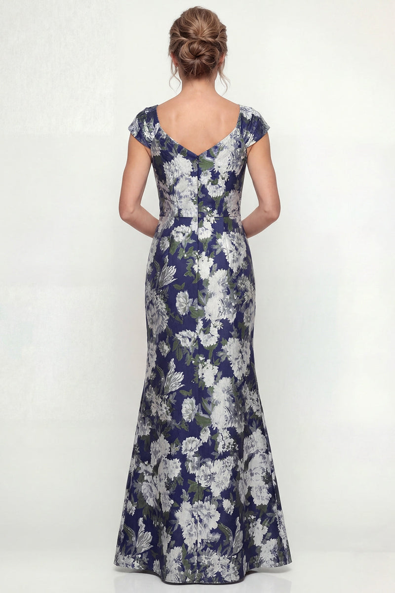 Load image into Gallery viewer, Navy Mermaid Floral Cap Sleeves Long Evening Dress