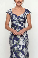 Load image into Gallery viewer, Navy Mermaid Floral Cap Sleeves Long Evening Dress
