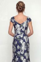 Load image into Gallery viewer, Navy Mermaid Floral Cap Sleeves Long Evening Dress