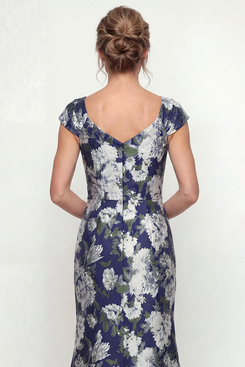 Load image into Gallery viewer, Navy Mermaid Floral Cap Sleeves Long Evening Dress