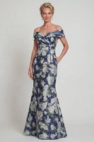 Load image into Gallery viewer, Navy Off the Shoulder Floral Mermaid Long Evening Dress