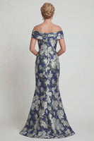 Load image into Gallery viewer, Navy Off the Shoulder Floral Mermaid Long Evening Dress
